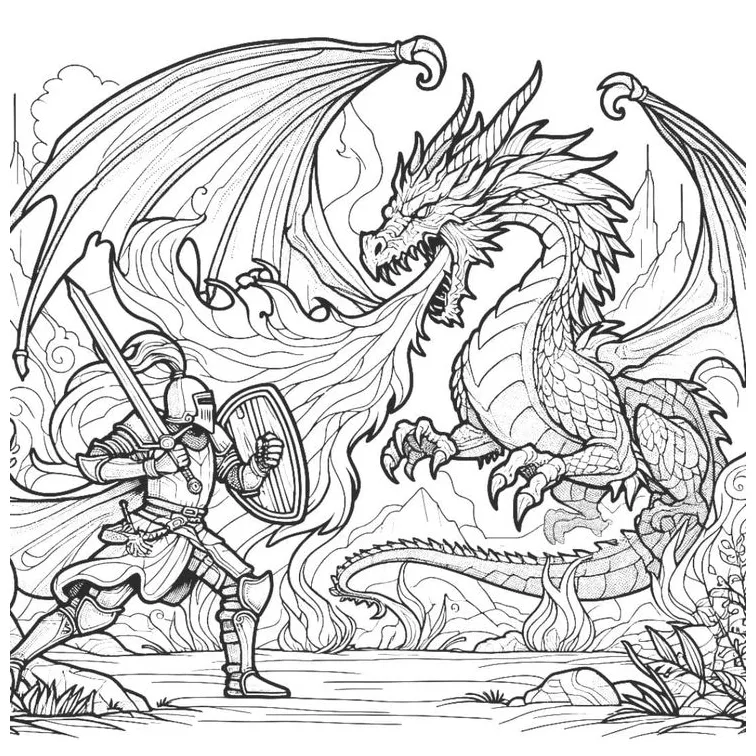 Knight fighting a dragon coloring pages [2025]