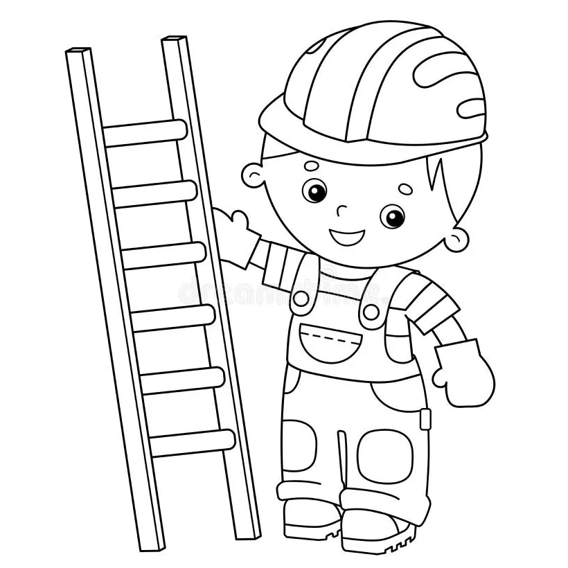 Coloring page outline of cartoon builder with step ladder. profession printable coloring page