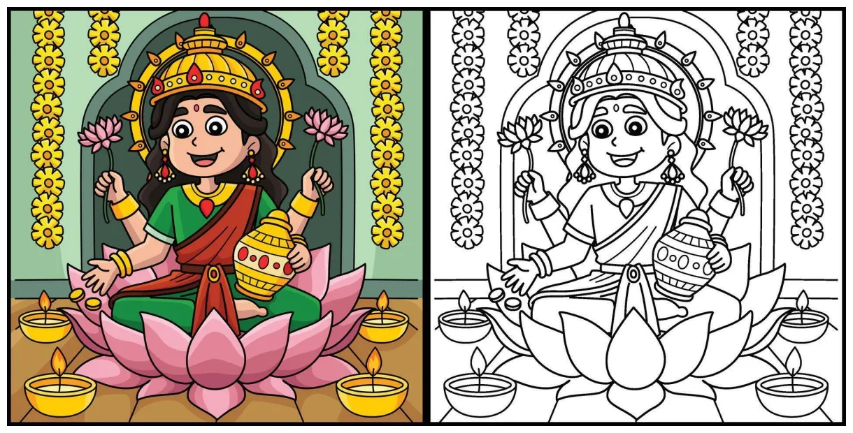 Diwali Lakshmi Coloring Page Colored Illustration 49807499 Vector Art