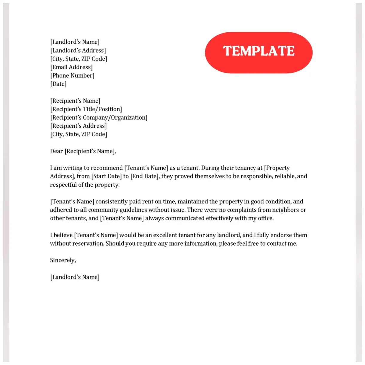 Landlord letter or recommendation template
