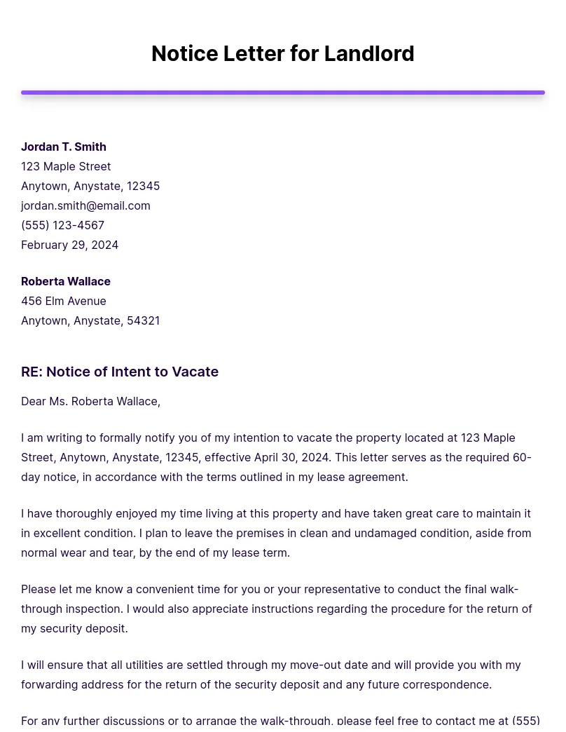 Notice letter for landlord example [edit & download]