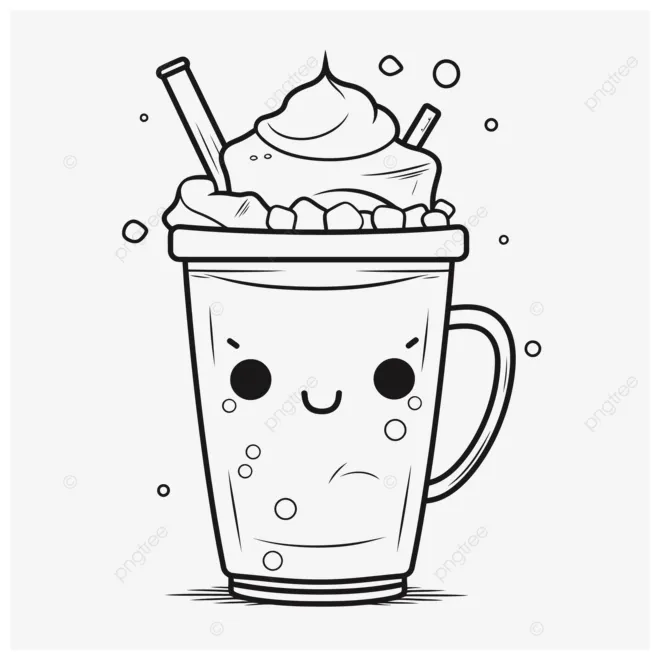 Cute cartoon latte design coloring page vector, basic simple cute