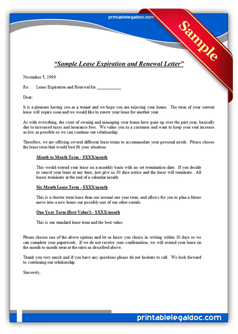 Free Printable Sample Lease Expiration and Renewal Letter Form (GENERIC)