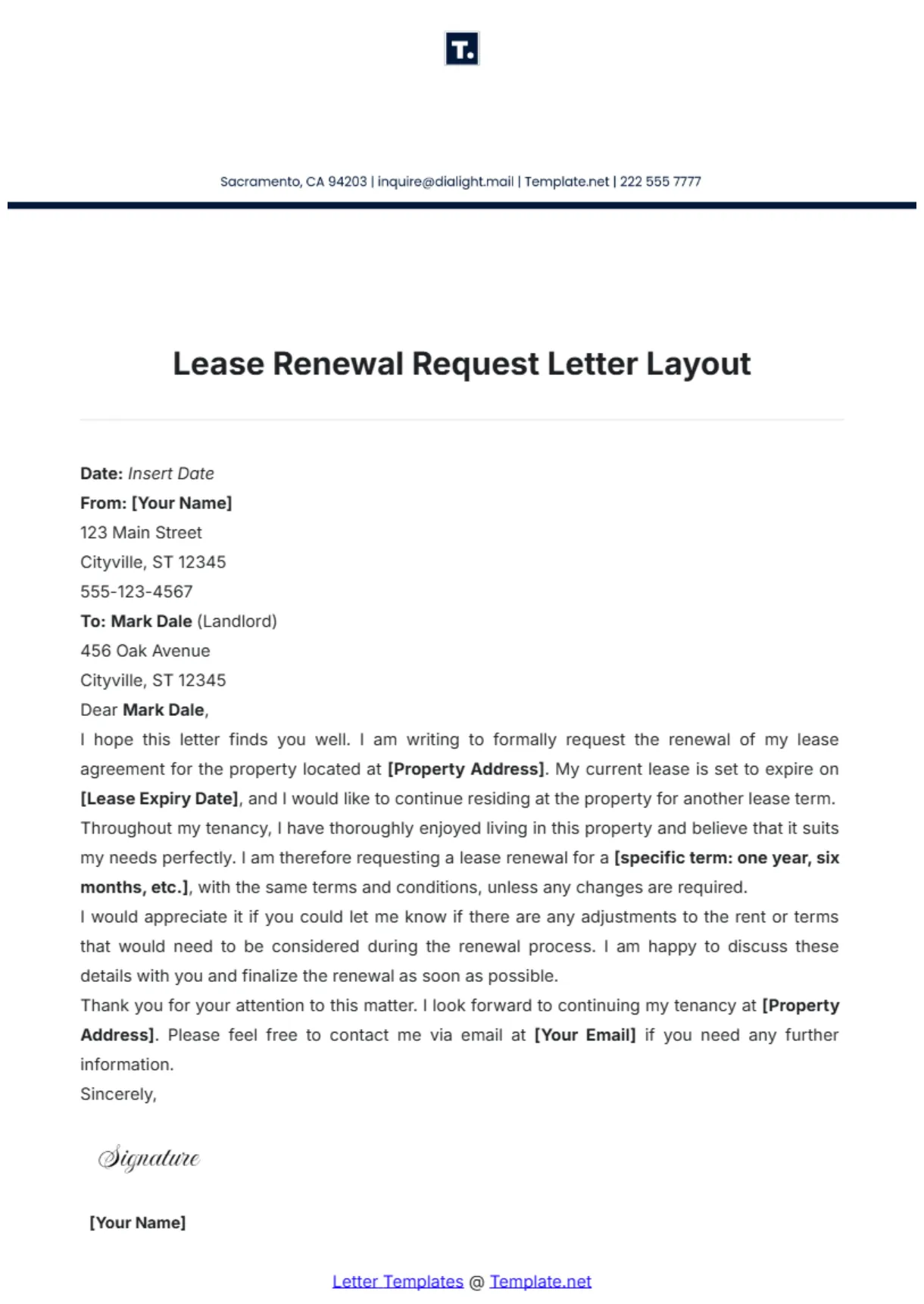 Free Lease Renewal Request Letter Layout Template to Edit Online