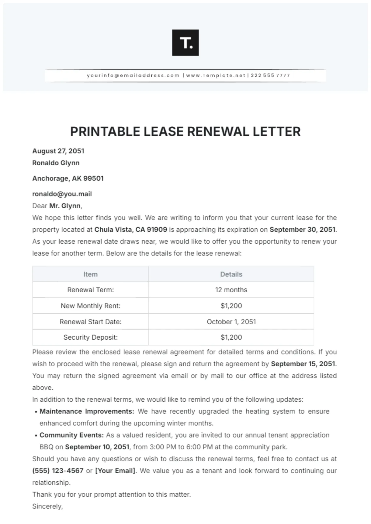Free Printable Lease Renewal Letter Template to Edit Online