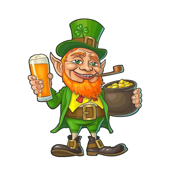 Leprechaun sosteniendo un vaso de cerveza y una olla de monedas de oro