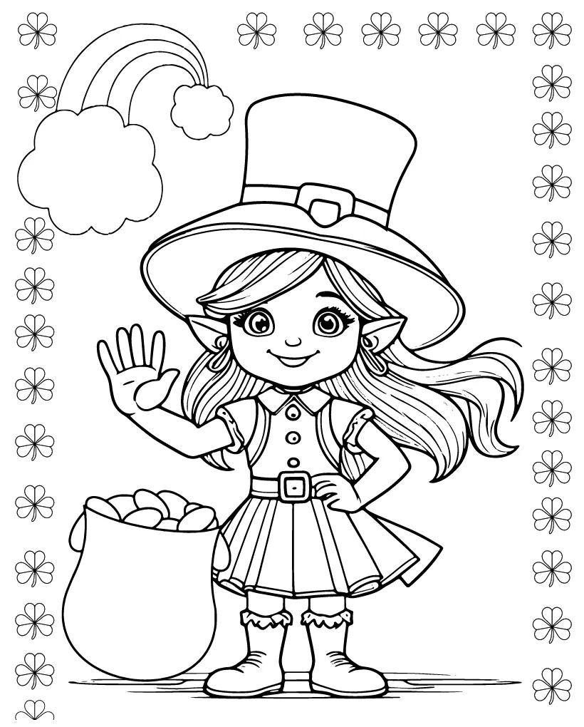 Girl leprechaun & gold printable coloring page