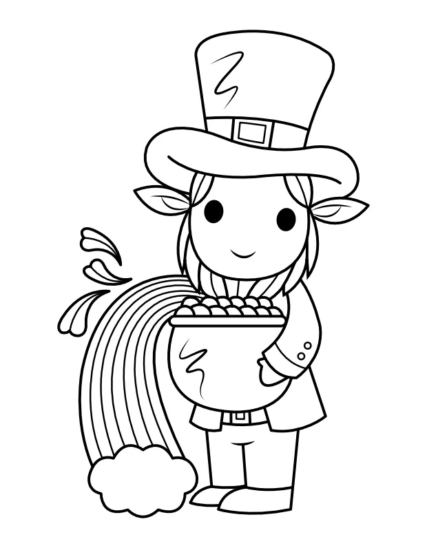 Printable leprechaun with pot of gold and rainbow coloring page printable coloring page