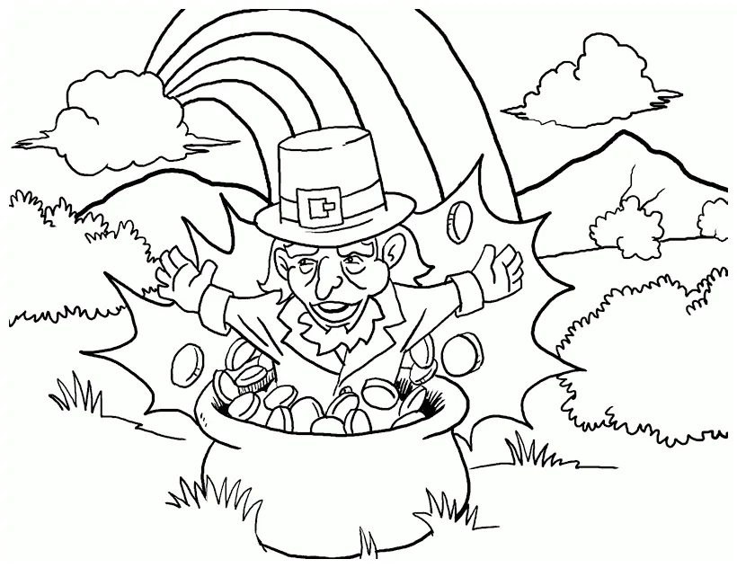 Leprechaun in pot of gold coloring page coloring