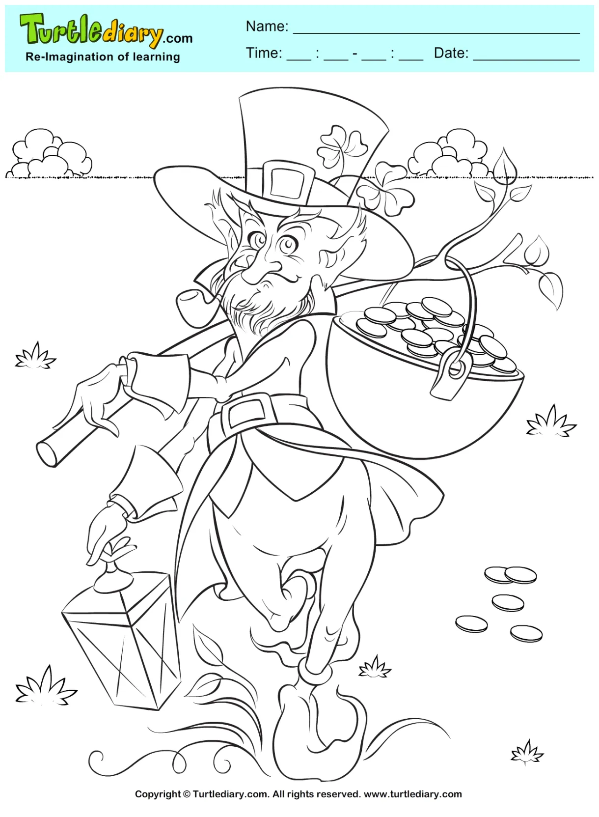 Leprechaun and gold pot coloring sheet turtle diary