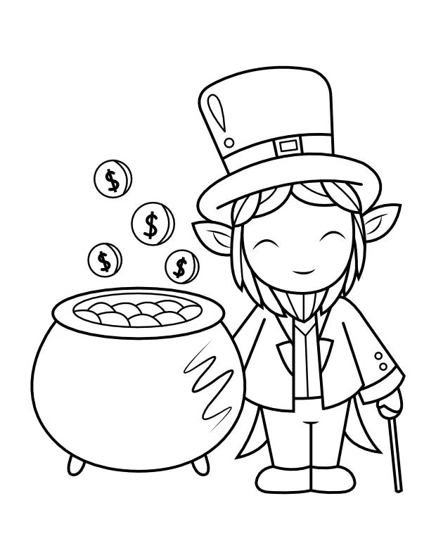 Printable happy leprechaun with pot of gold coloring page