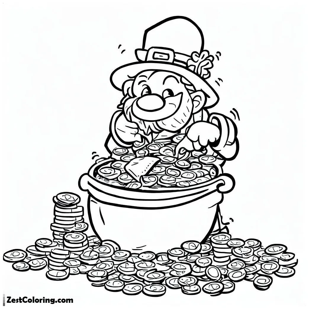 This leprechaun counting the coins inside a pot of gold coloring page