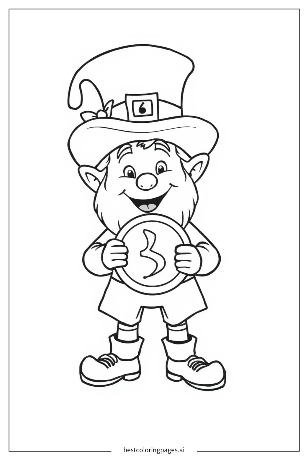 Cheerful leprechaun with a gold coin coloring page free printable