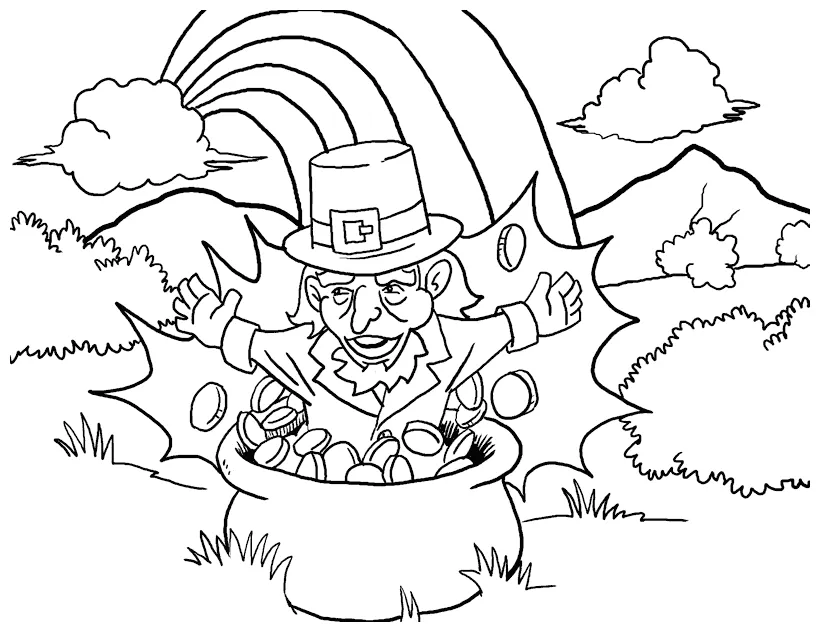 Leprechaun in pot of gold coloring page coloring