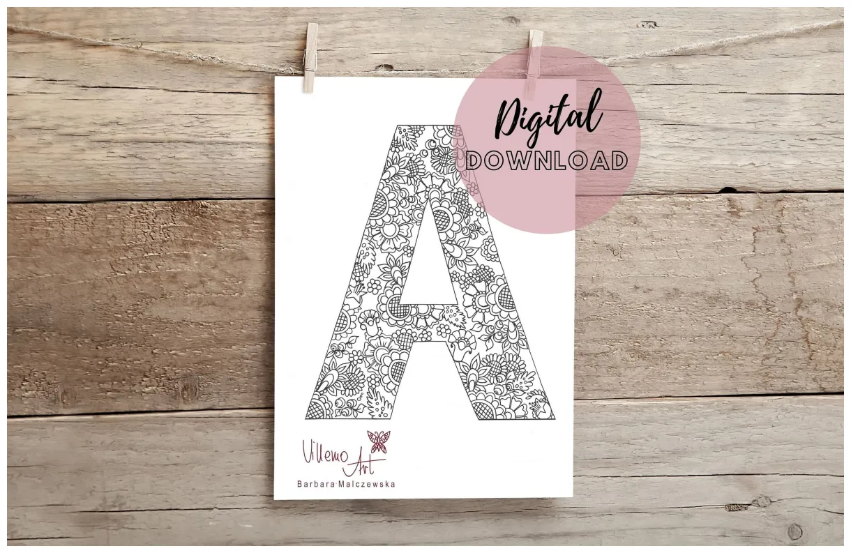 Printable coloring page, letter a, instant digital download jpg and