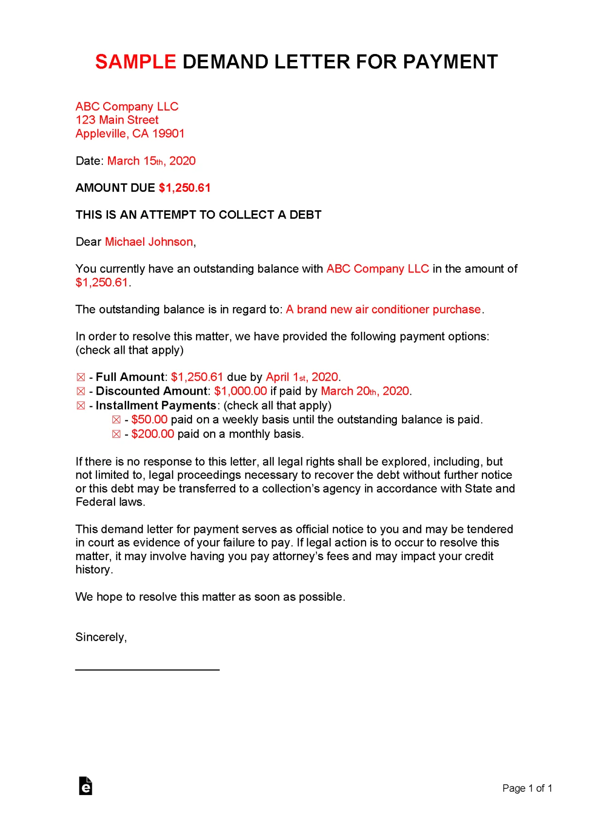 Free demand letter for payment template sample pdf word eforms