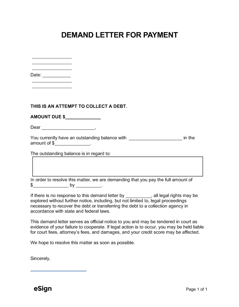 Free demand letter for payment pdf word