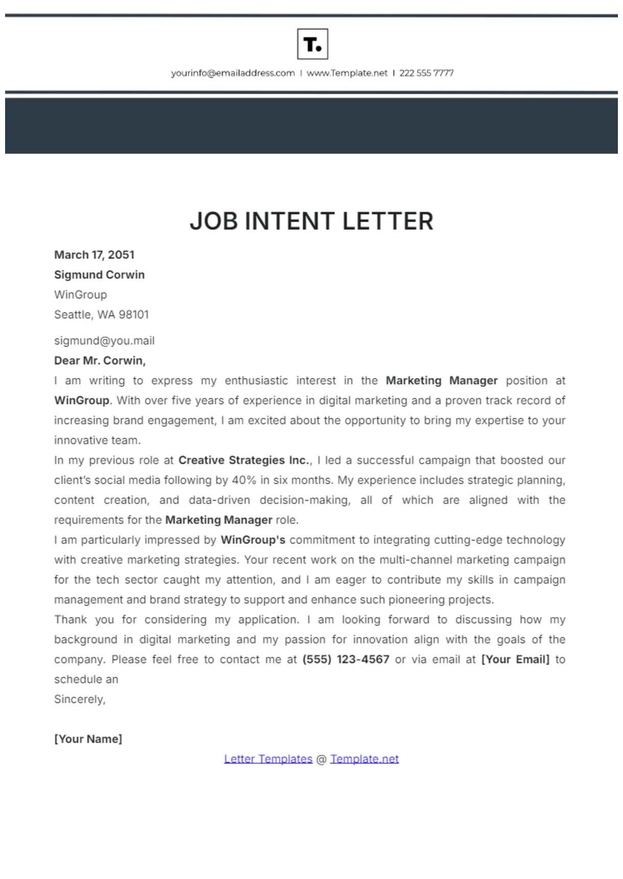 Free Job Intent Letter Template to Edit Online