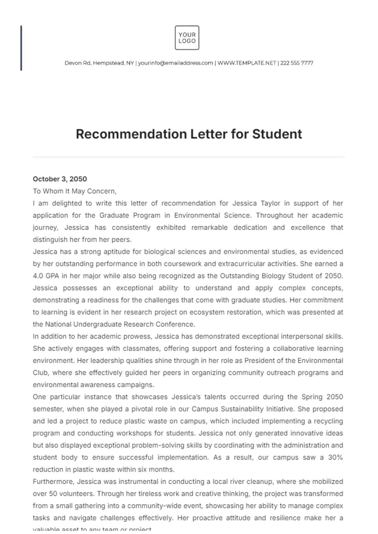 Free service recommendation letter for student template to edit online