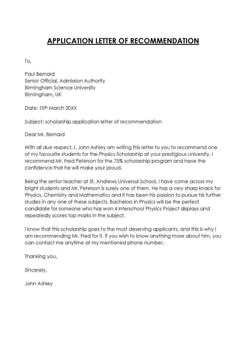 Recommendation letter for student admission