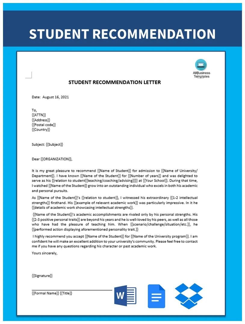 Student letter of recommendation templates at allbusinesstemplates