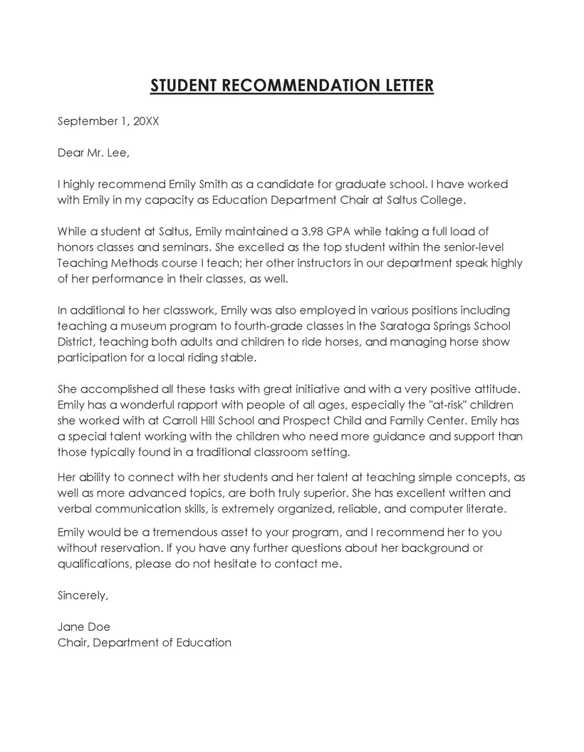 Example of letter of recommendation student