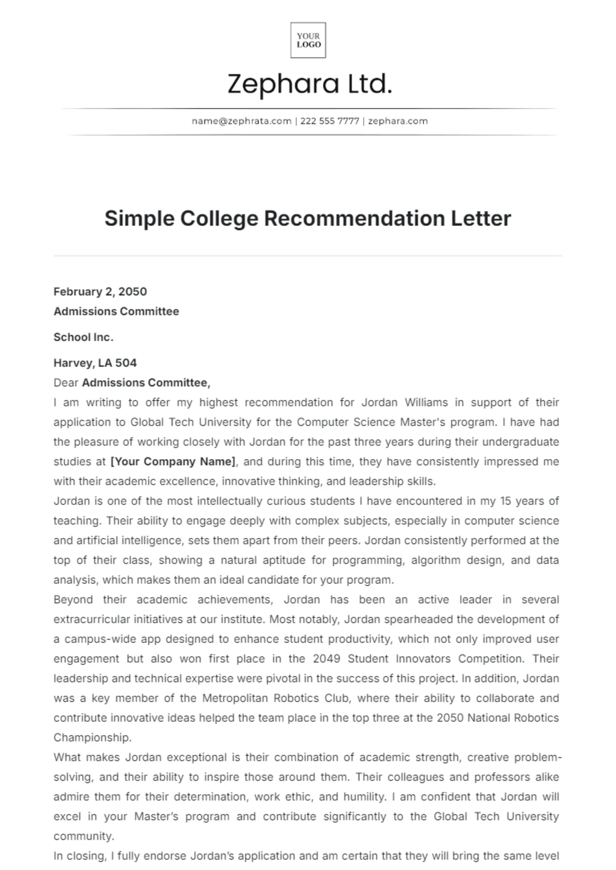 Recommendation letter for p student template word free infoupdate