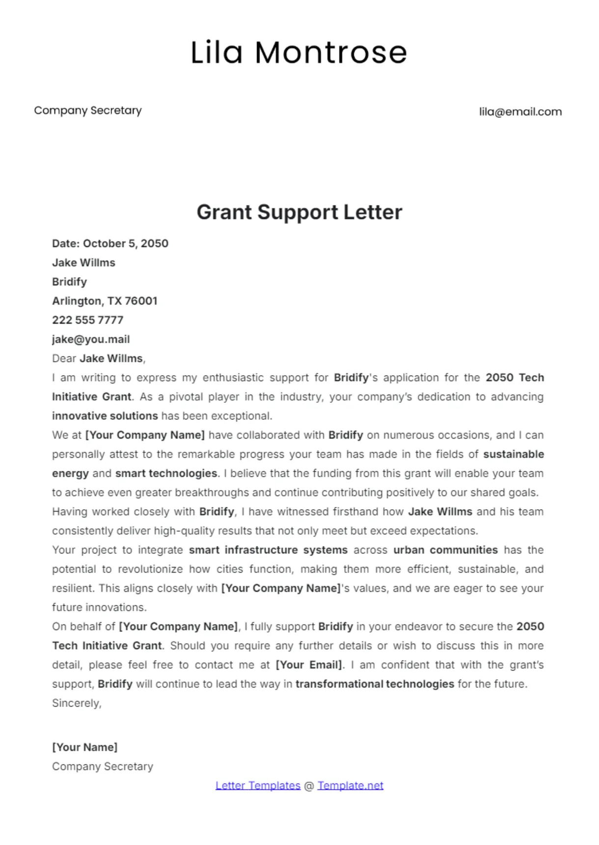 Free grant support letter template to edit online