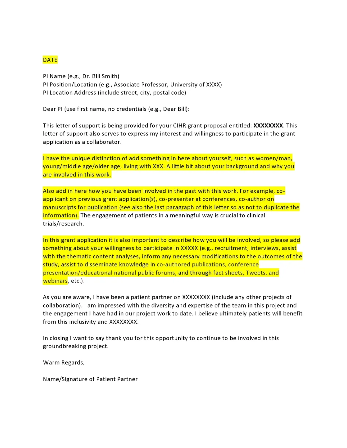 Grant letter of support template