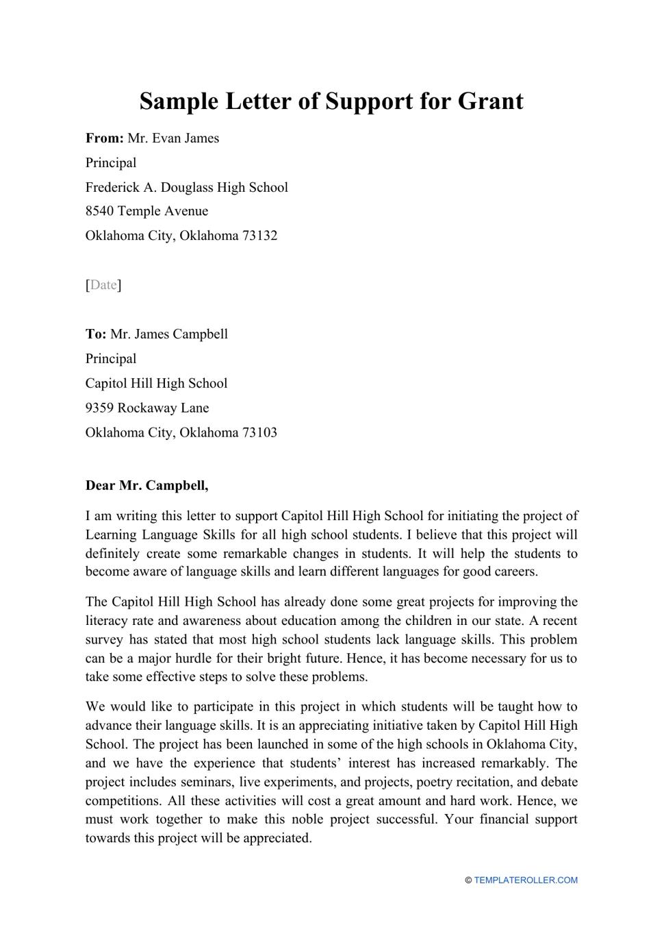 Grant letter of support template