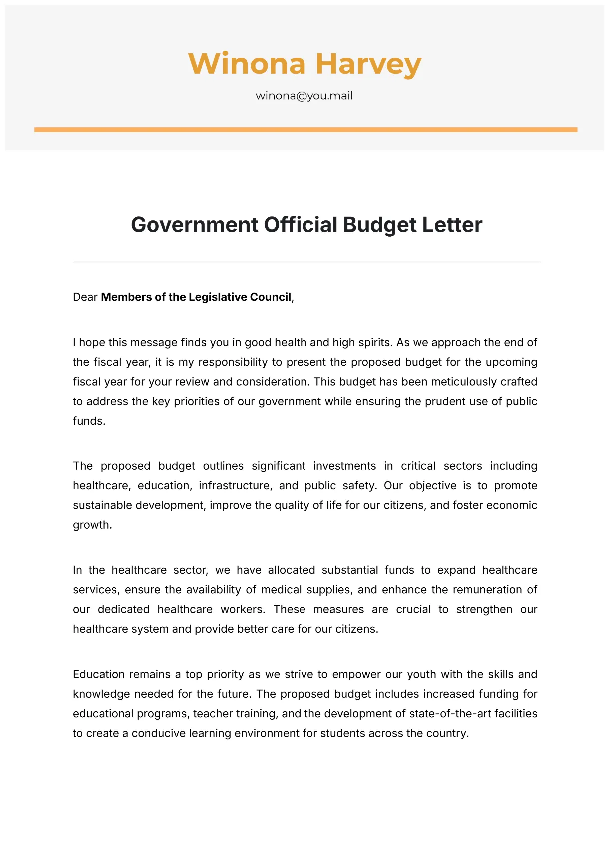 Free Government Official Budget Letter Template to Edit Online
