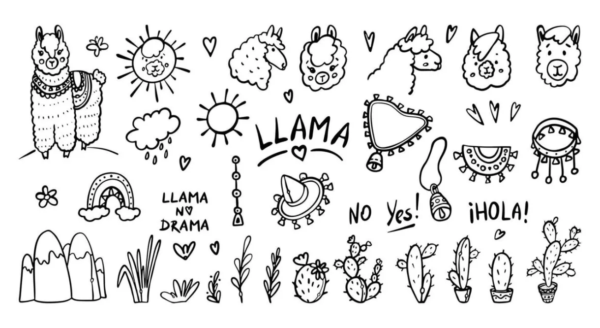 Llama coloring page vector art, icons, and graphics for