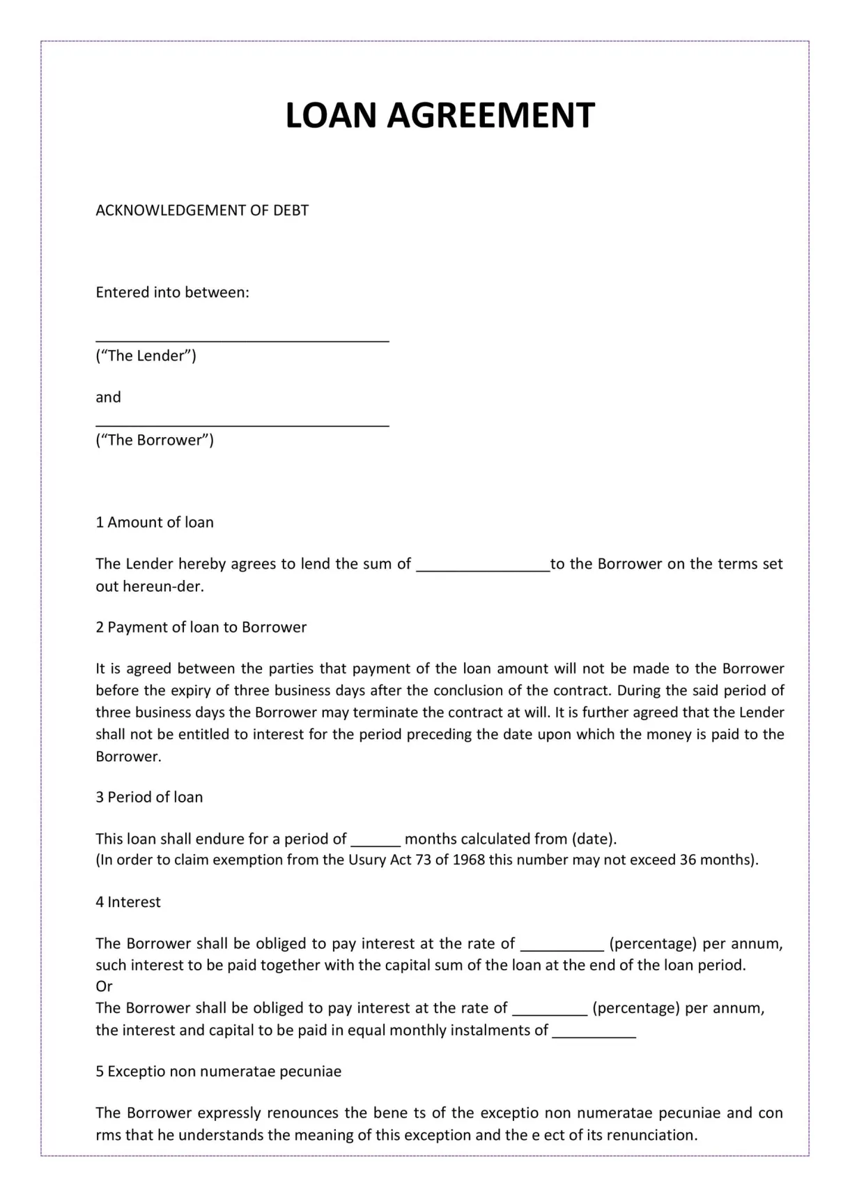 Printable Simple Loan Agreement Sample