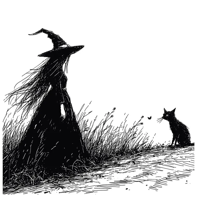 Witch and familiar casting a spell coloring page premium ai-generated