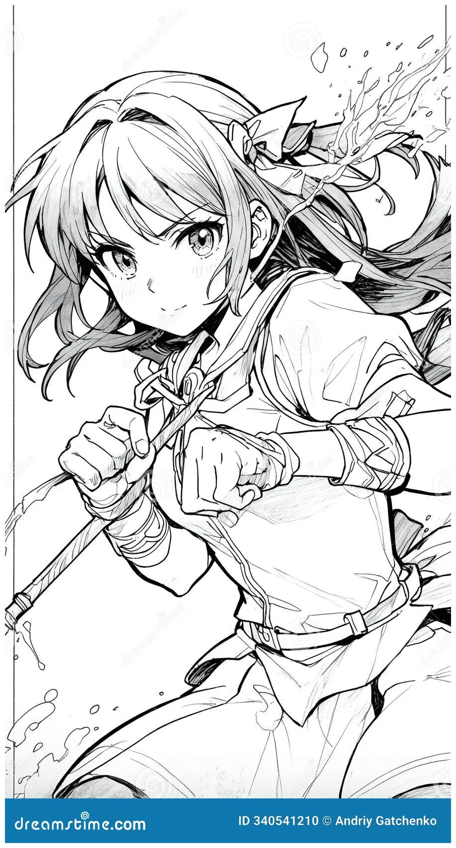 Anime magical girl casting a spell with a wand coloring page stock
