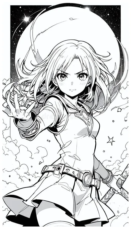 Anime magical girl casting a spell with a wand coloring page stock