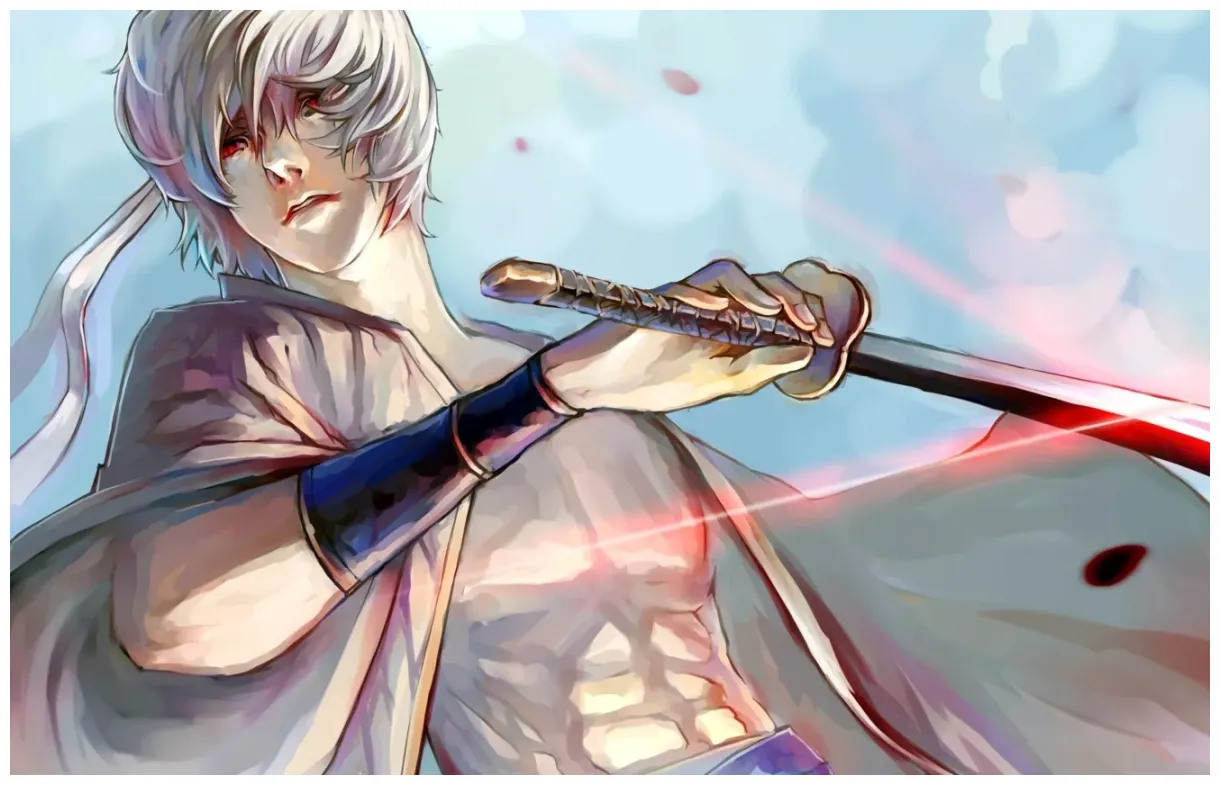 Weapons, katana, anime, petals, art, guy, gintama, sakata