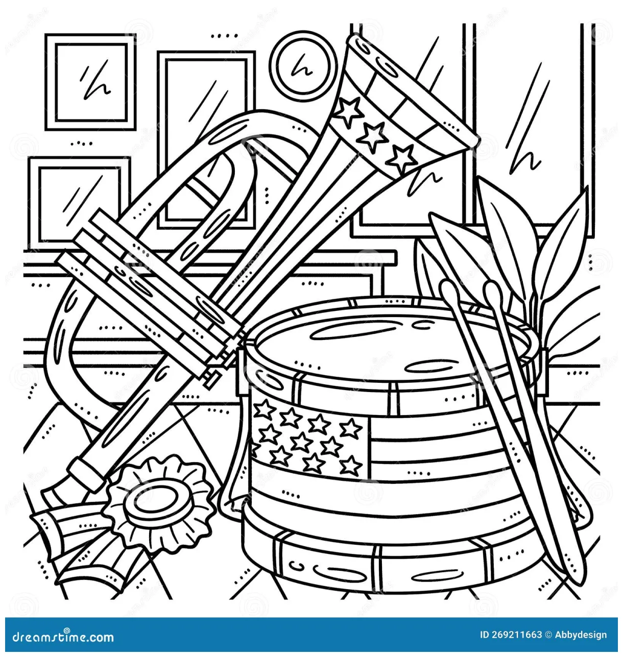 Marching drum isolated coloring page for kids vector illustration