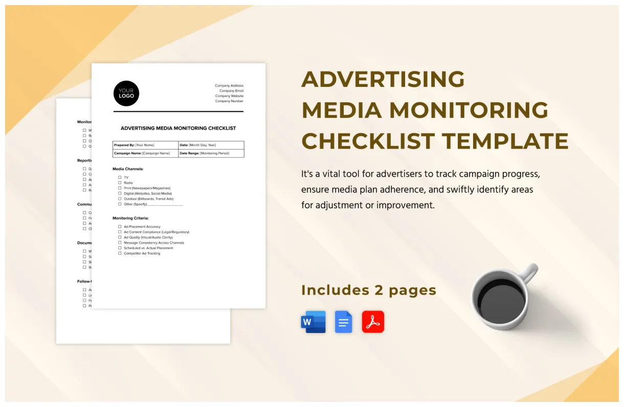 Advertising media monitoring checklist template in pdf, google docs