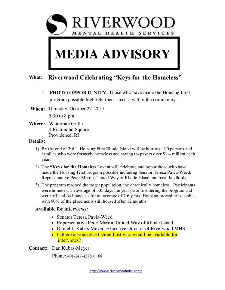 Riverwood mhs media advisory 2011