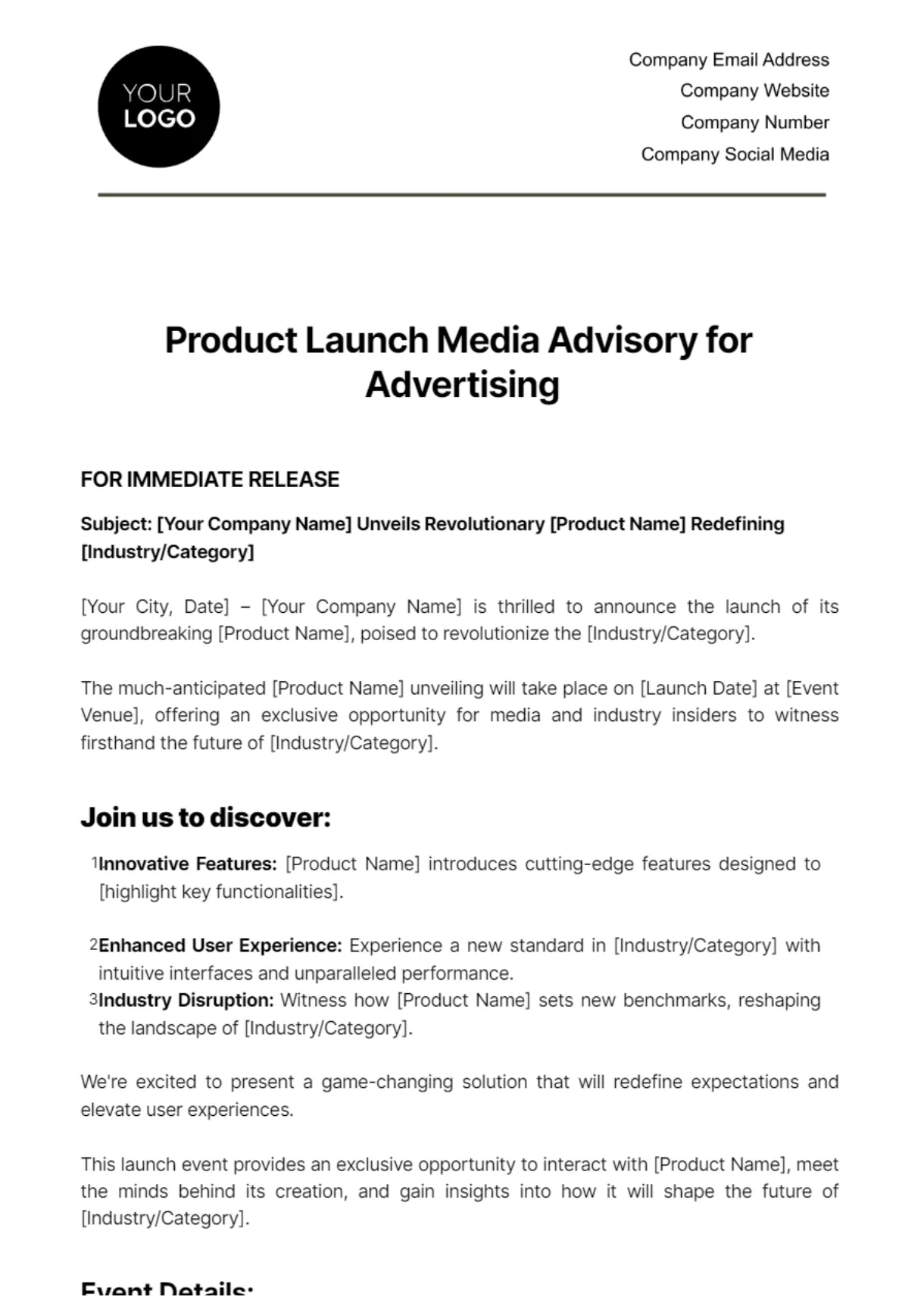 Free product launch media advisory for advertising template to edit online