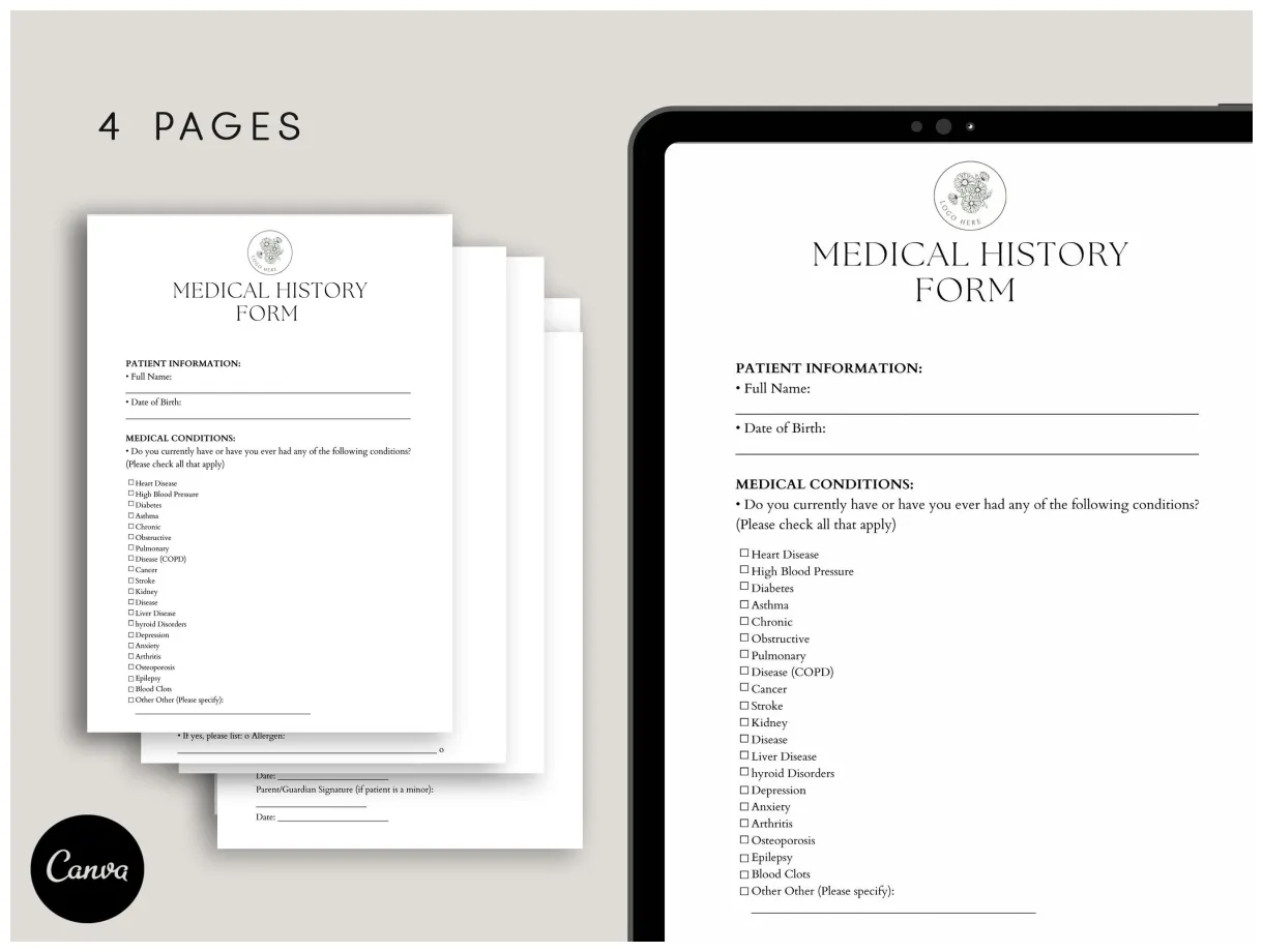 Patient medical record form, pdf, canva etsy