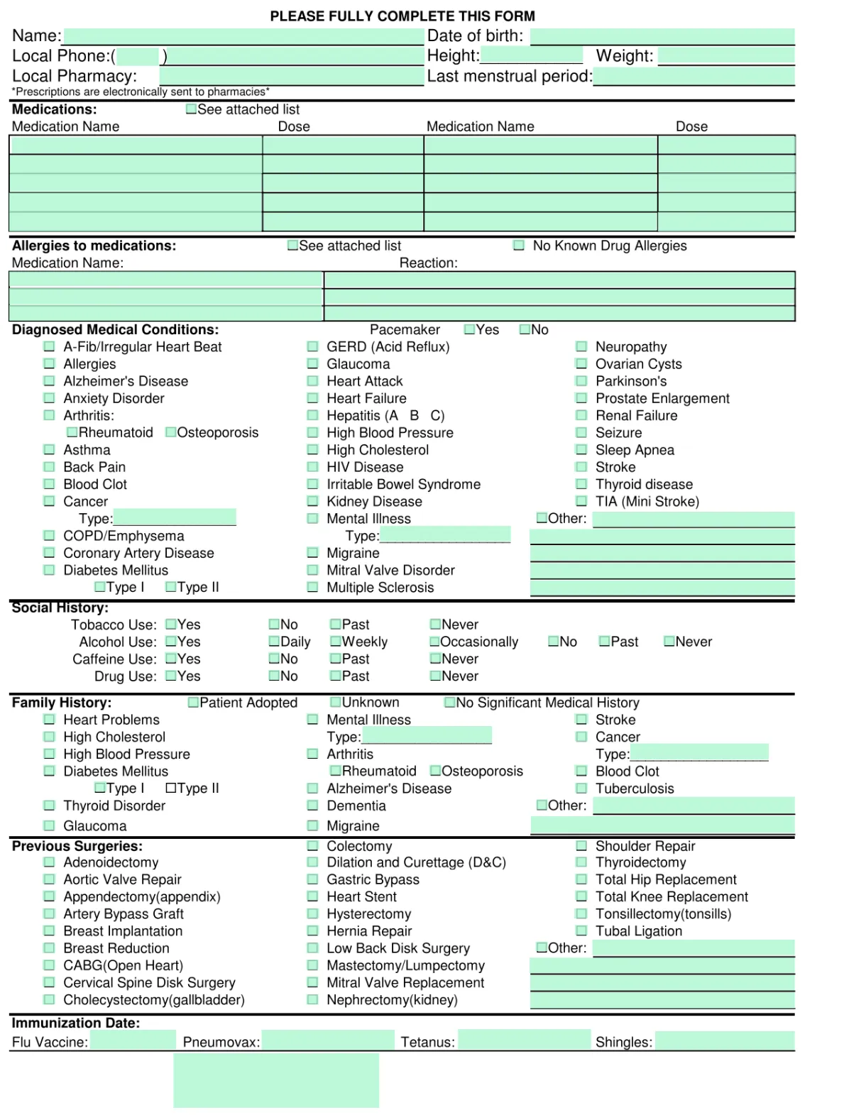 Medical history form