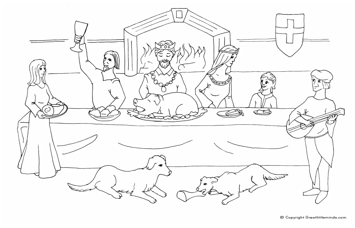 Medieval feast colouring picture