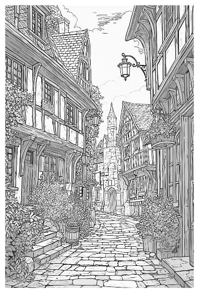 Medieval village, coloring page