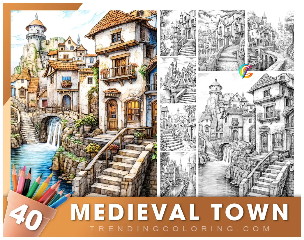 40 medieval town grayscale coloring pages instant download printab
