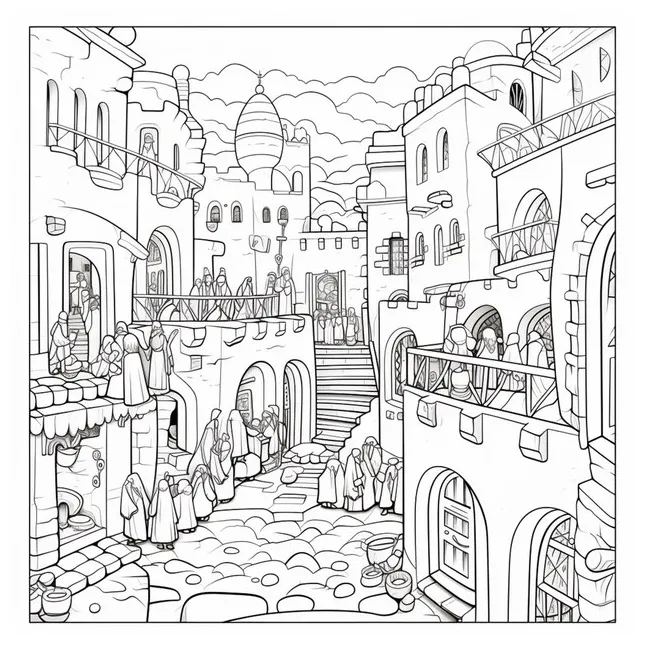 Premium a coloring page of a medieval town with a castle and a