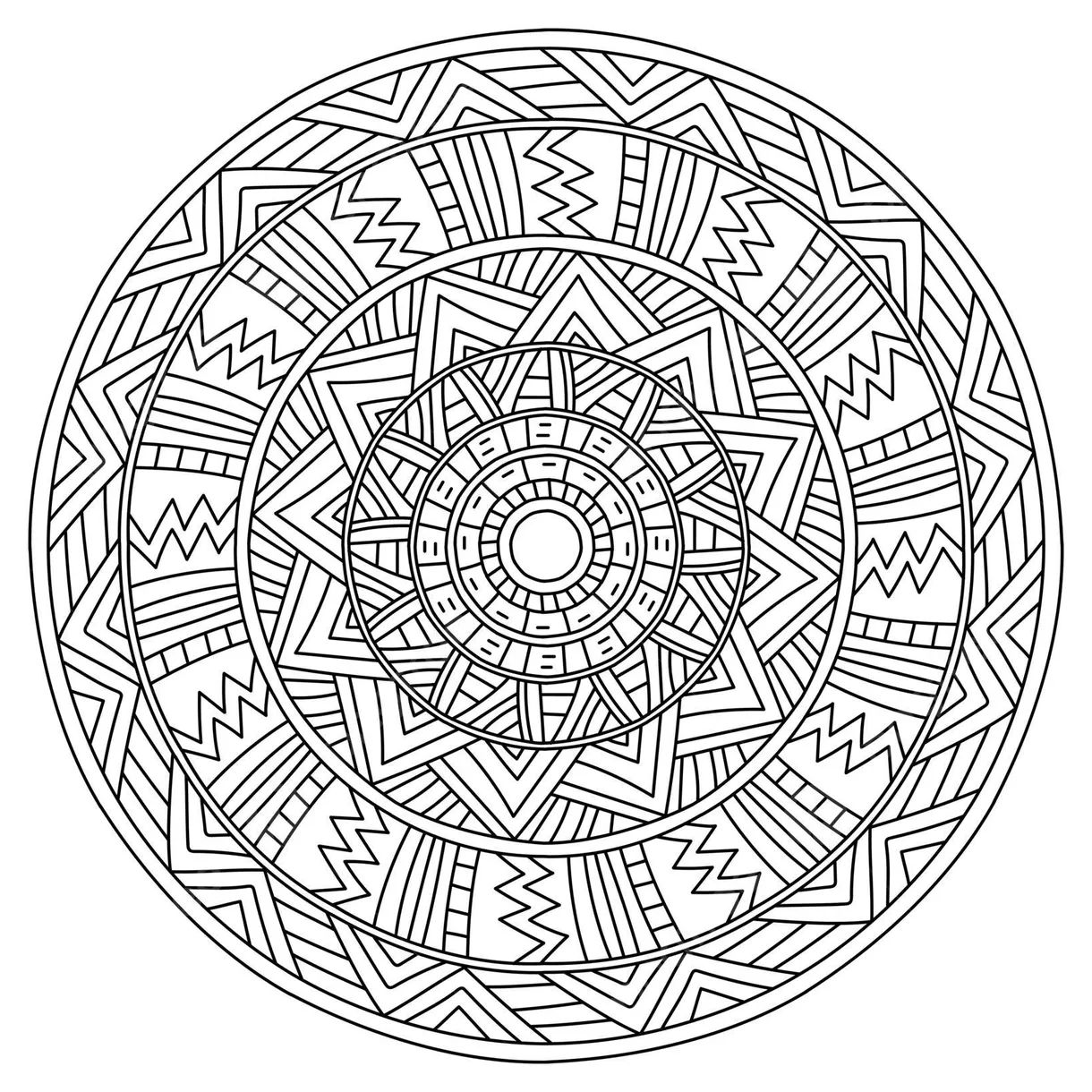 Mandala outline with linear patterns of printable coloring page