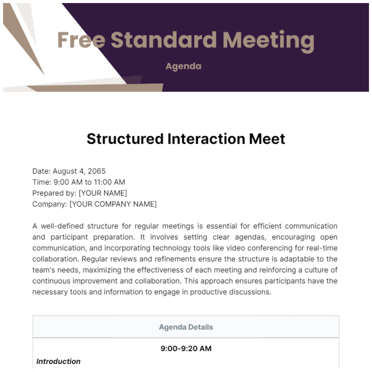 Free standard meeting agenda template to edit online