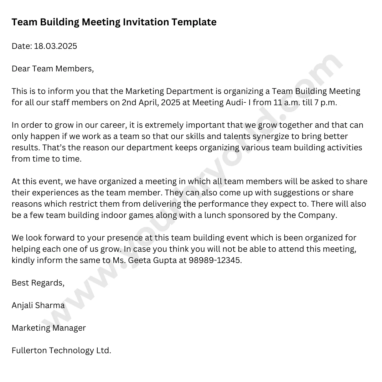 Team building sample hr letter formats